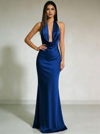 Liora Satin Cowl-Neck Backless Maxi Gown on model