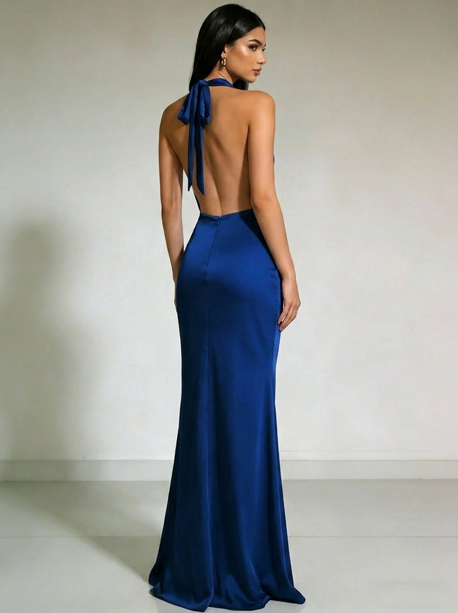 Liora Satin Cowl-Neck Backless Maxi Gown on model