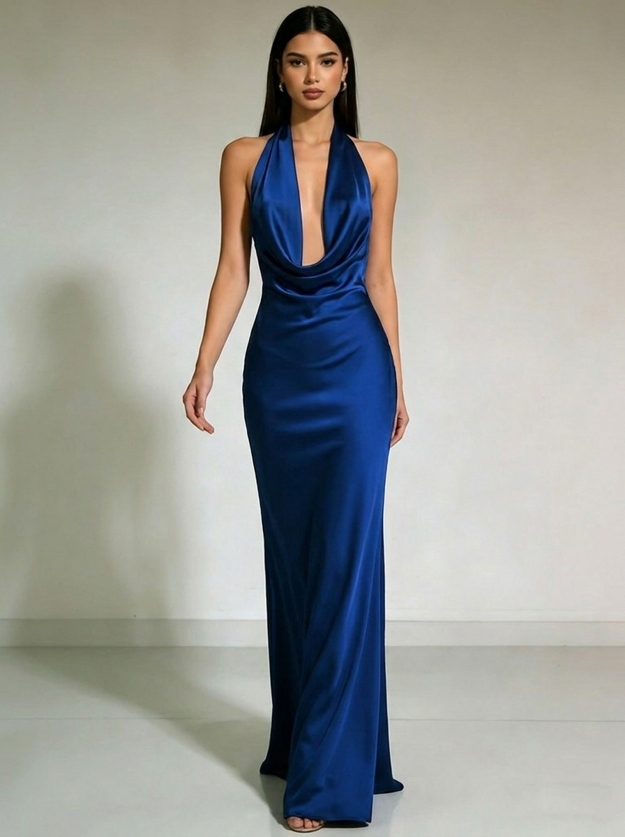 Liora Satin Cowl-Neck Backless Maxi Gown on model