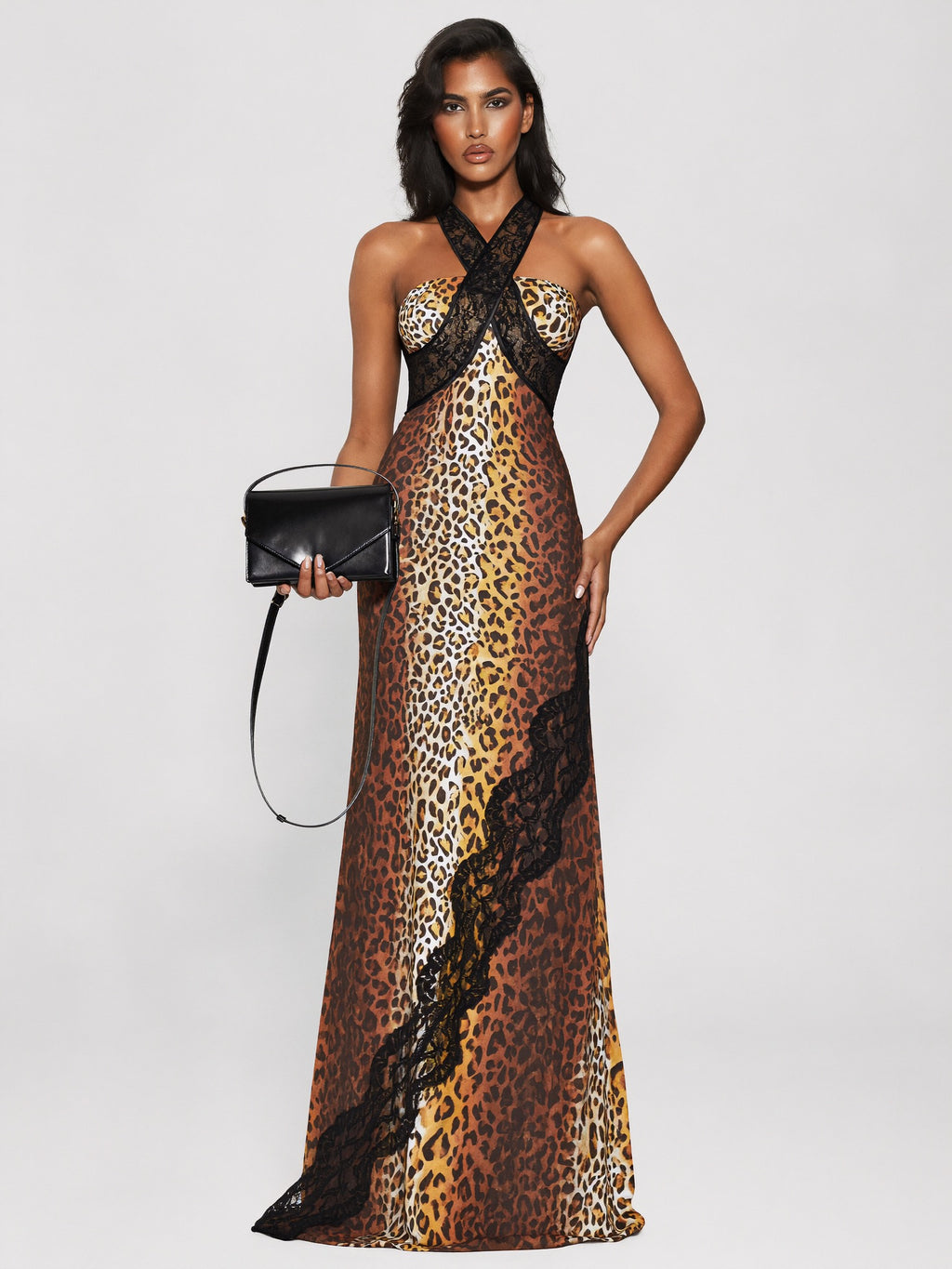 Livia Leopard Halter Maxi Dress on model