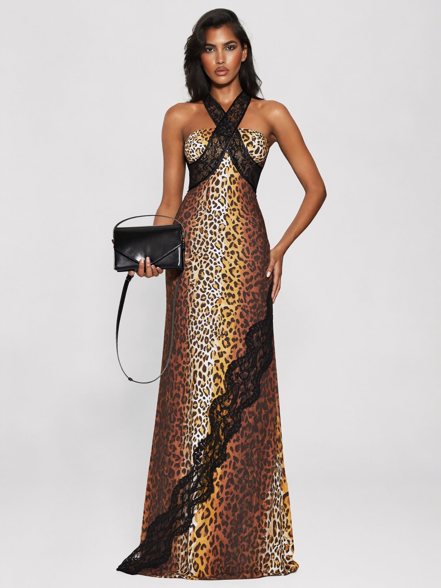 Livia Leopard Halter Maxi Dress on model