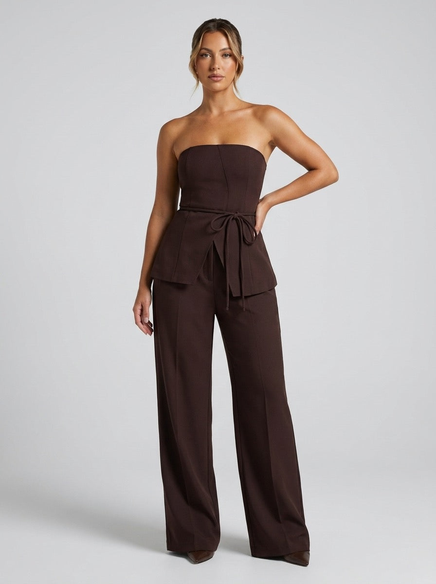 Liviana Strapless Peplum Top and Wide-Leg Trouser Two-Piece Set on model