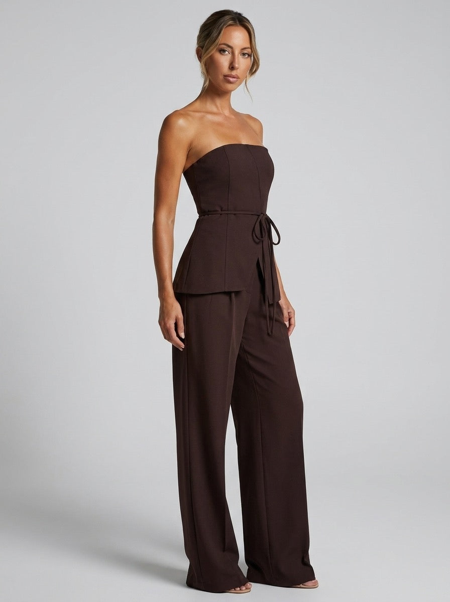 Liviana Strapless Peplum Top and Wide-Leg Trouser Two-Piece Set on model