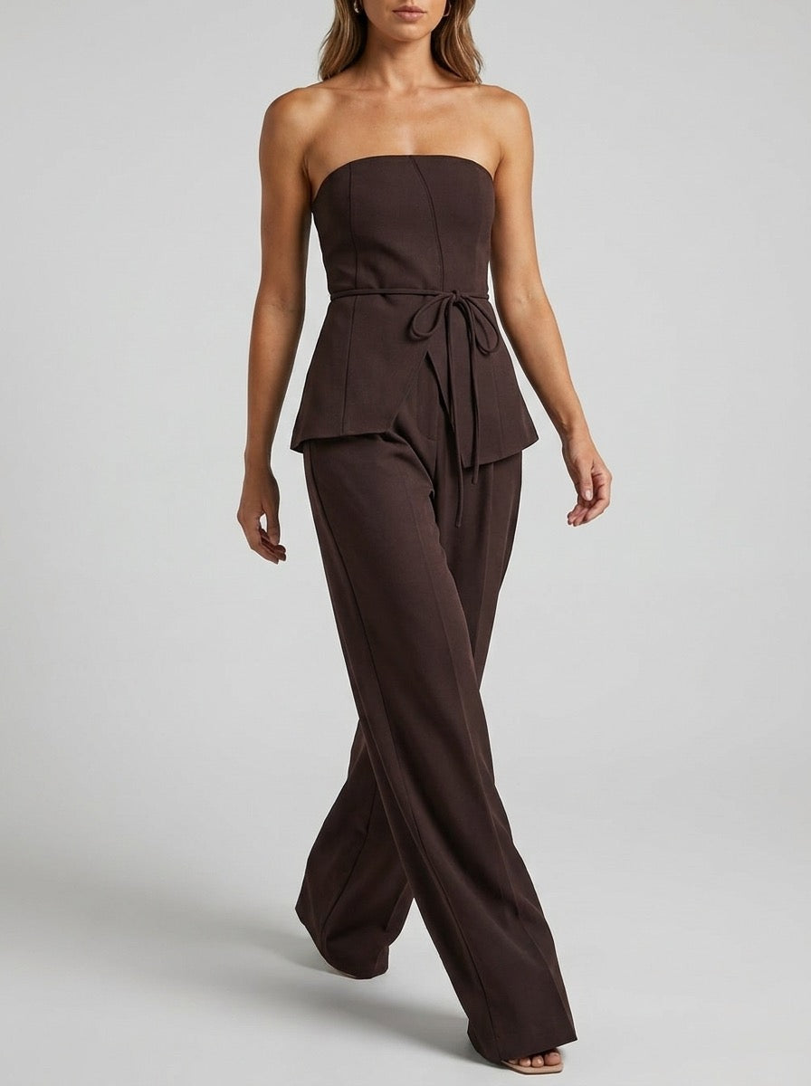Liviana Strapless Peplum Top and Wide-Leg Trouser Two-Piece Set on model