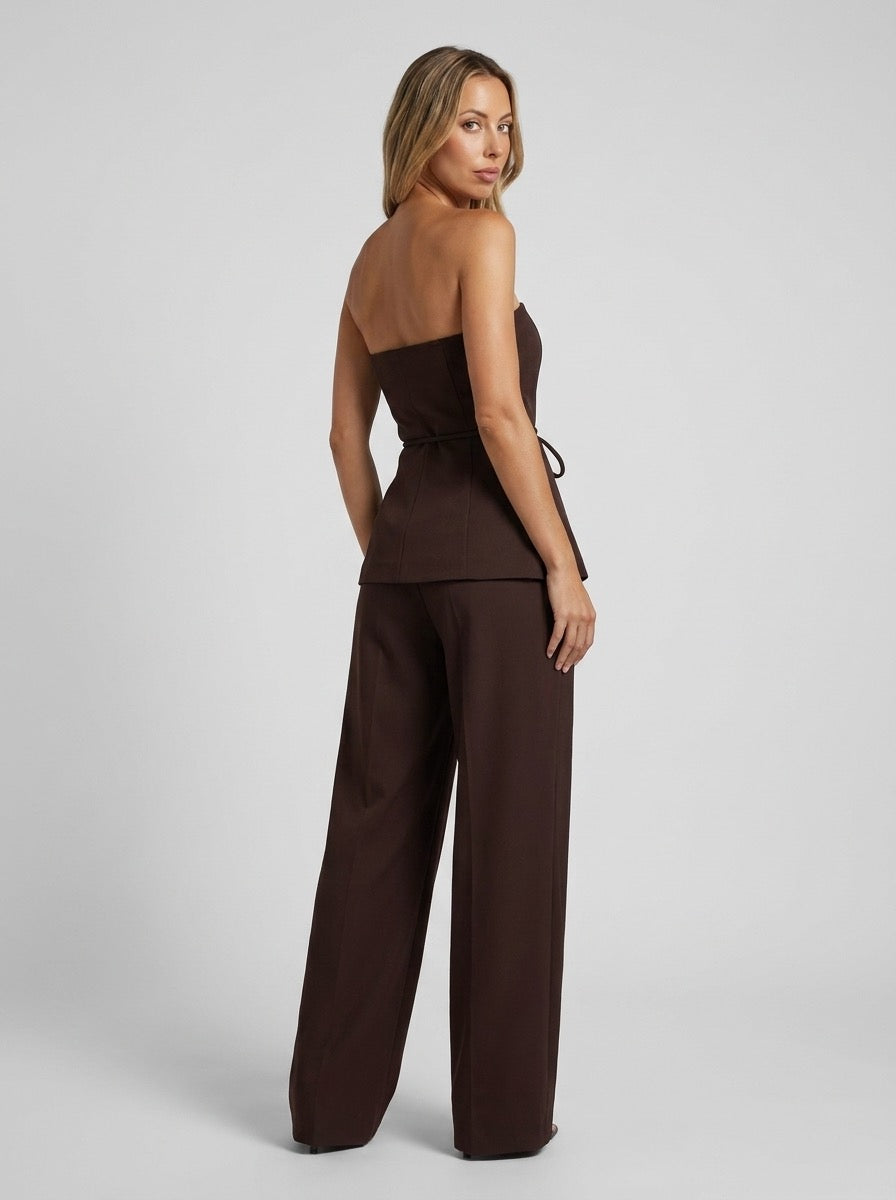 Liviana Strapless Peplum Top and Wide-Leg Trouser Two-Piece Set on model
