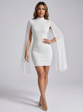 Loredana Silver Shimmer Cape-Sleeve Bodycon Mini Dress on model