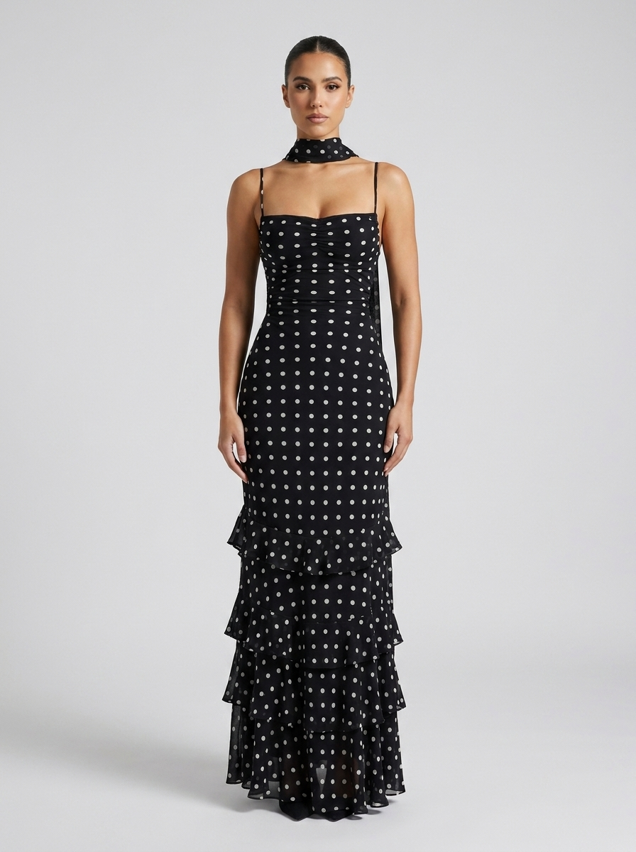 Loretta Polka Dot Ruffle Maxi Dress on model