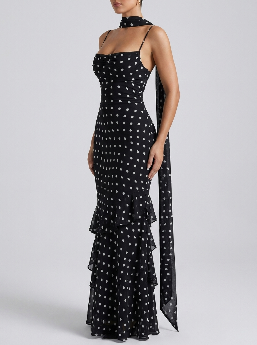 Loretta Polka Dot Ruffle Maxi Dress on model