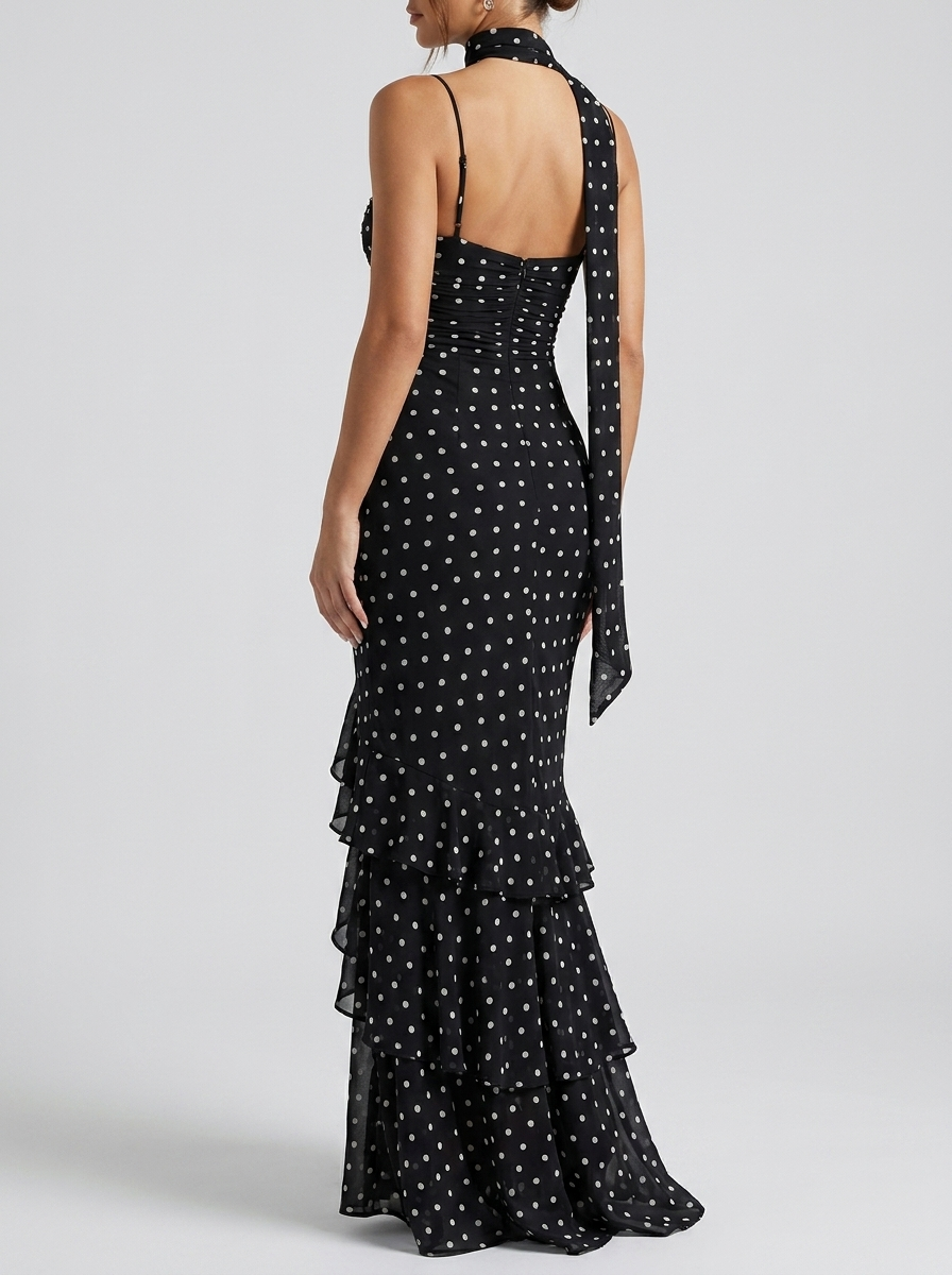 Loretta Polka Dot Ruffle Maxi Dress on model
