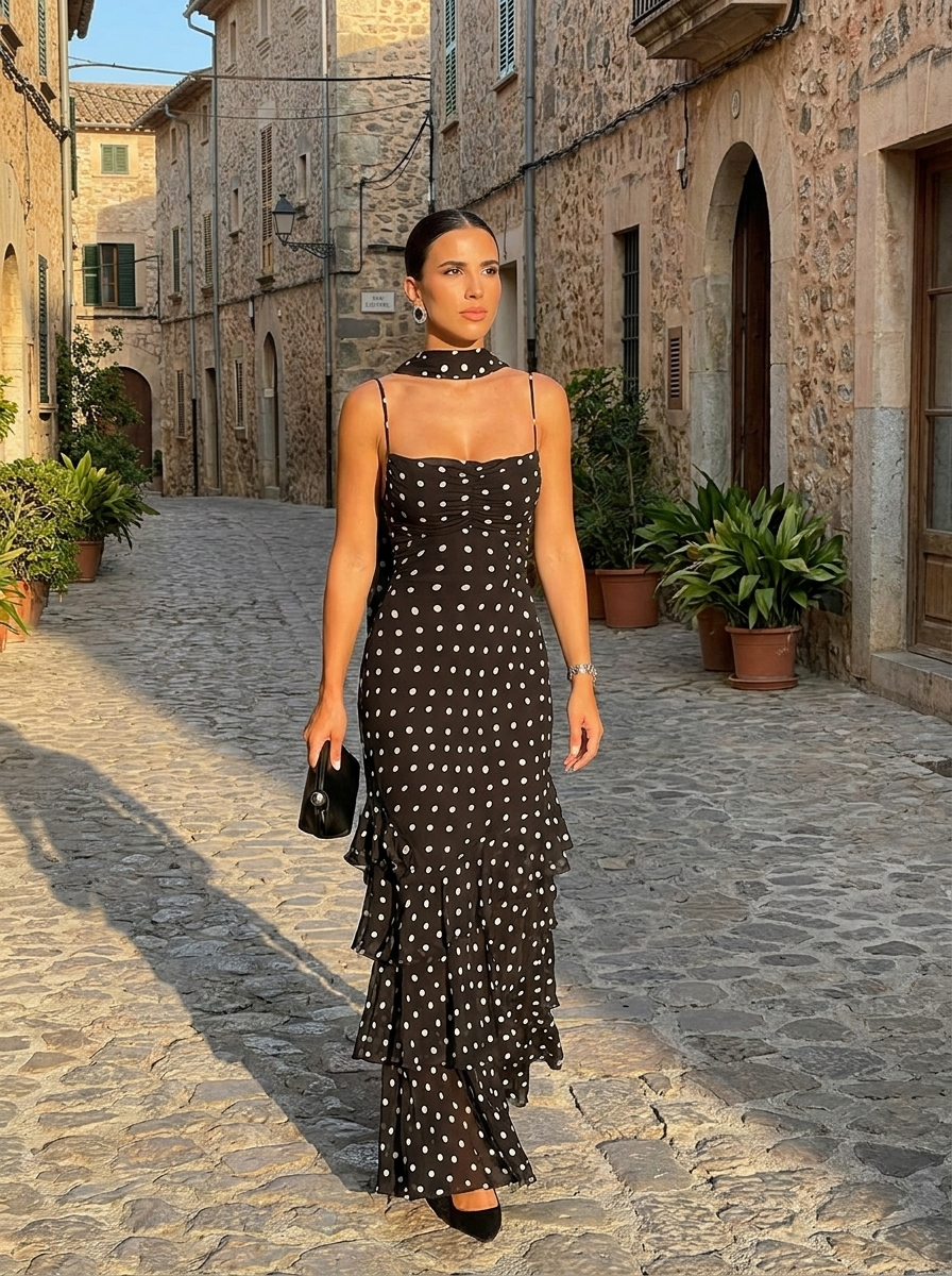 Loretta Polka Dot Ruffle Maxi Dress on model