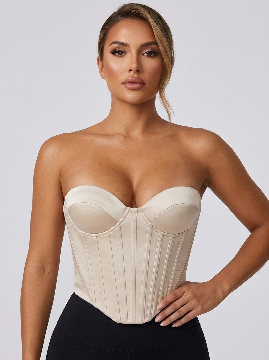 Lucetta Satin Corset Bustier Top on model