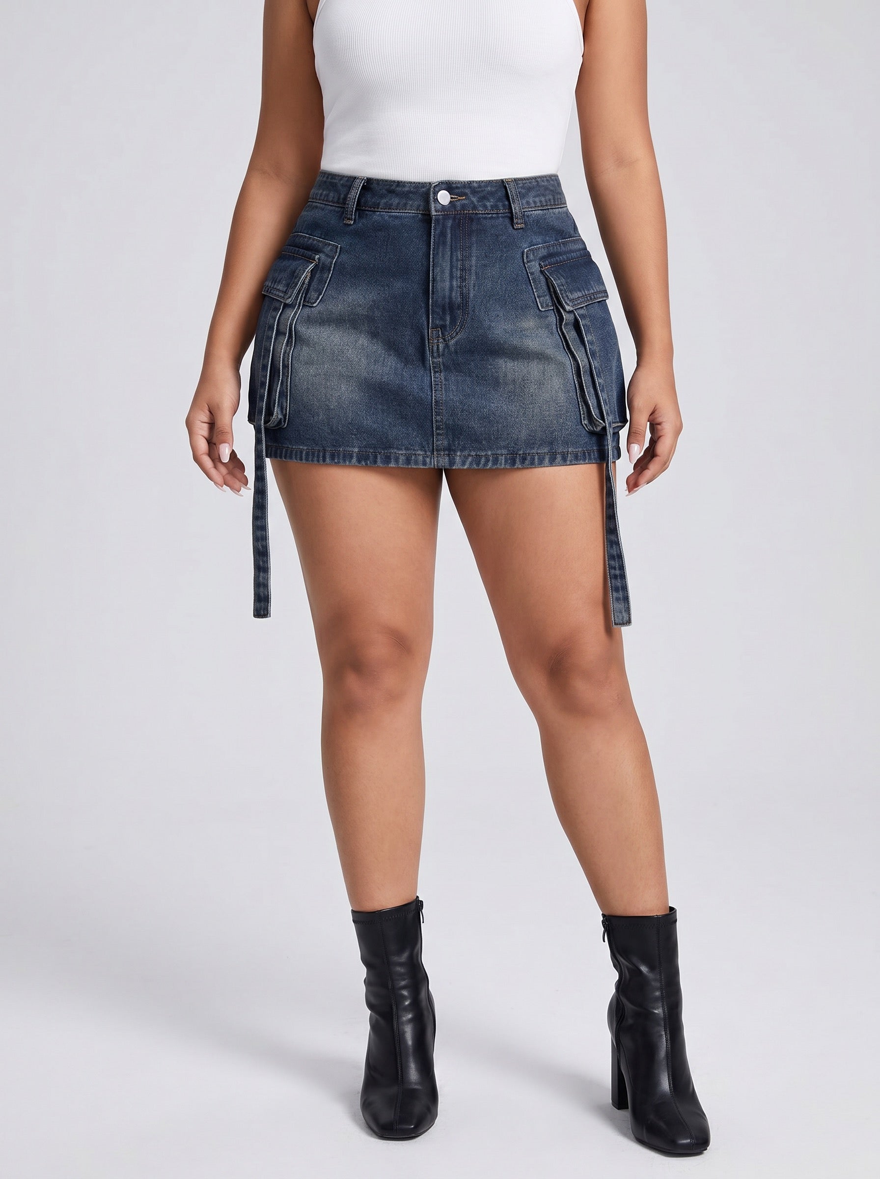 Lucia Cargo Tether Denim Mini Skirt on model