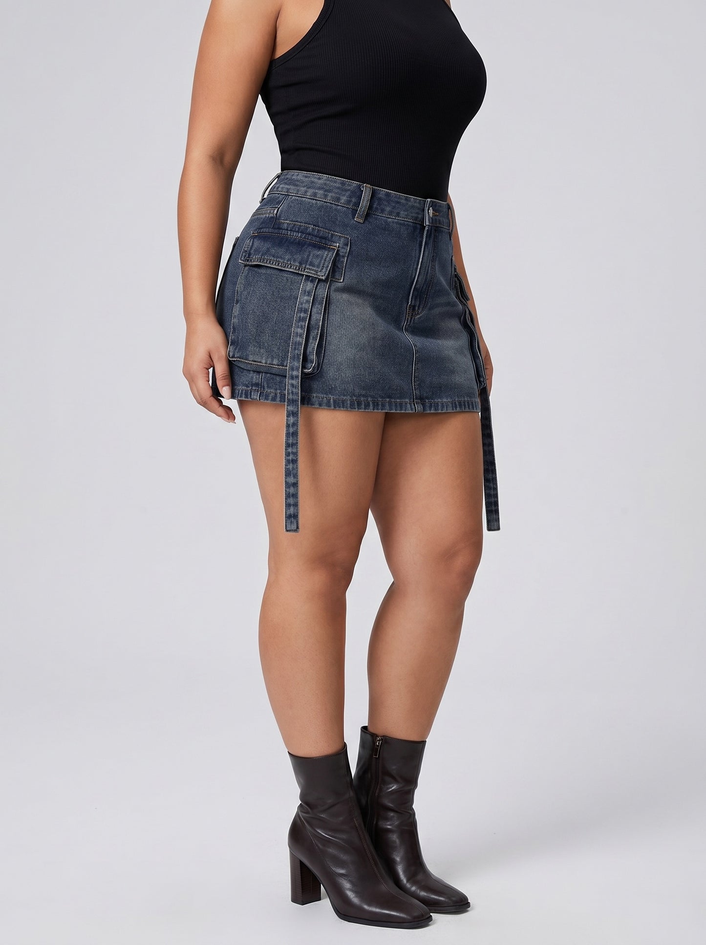 Lucia Cargo Tether Denim Mini Skirt on model