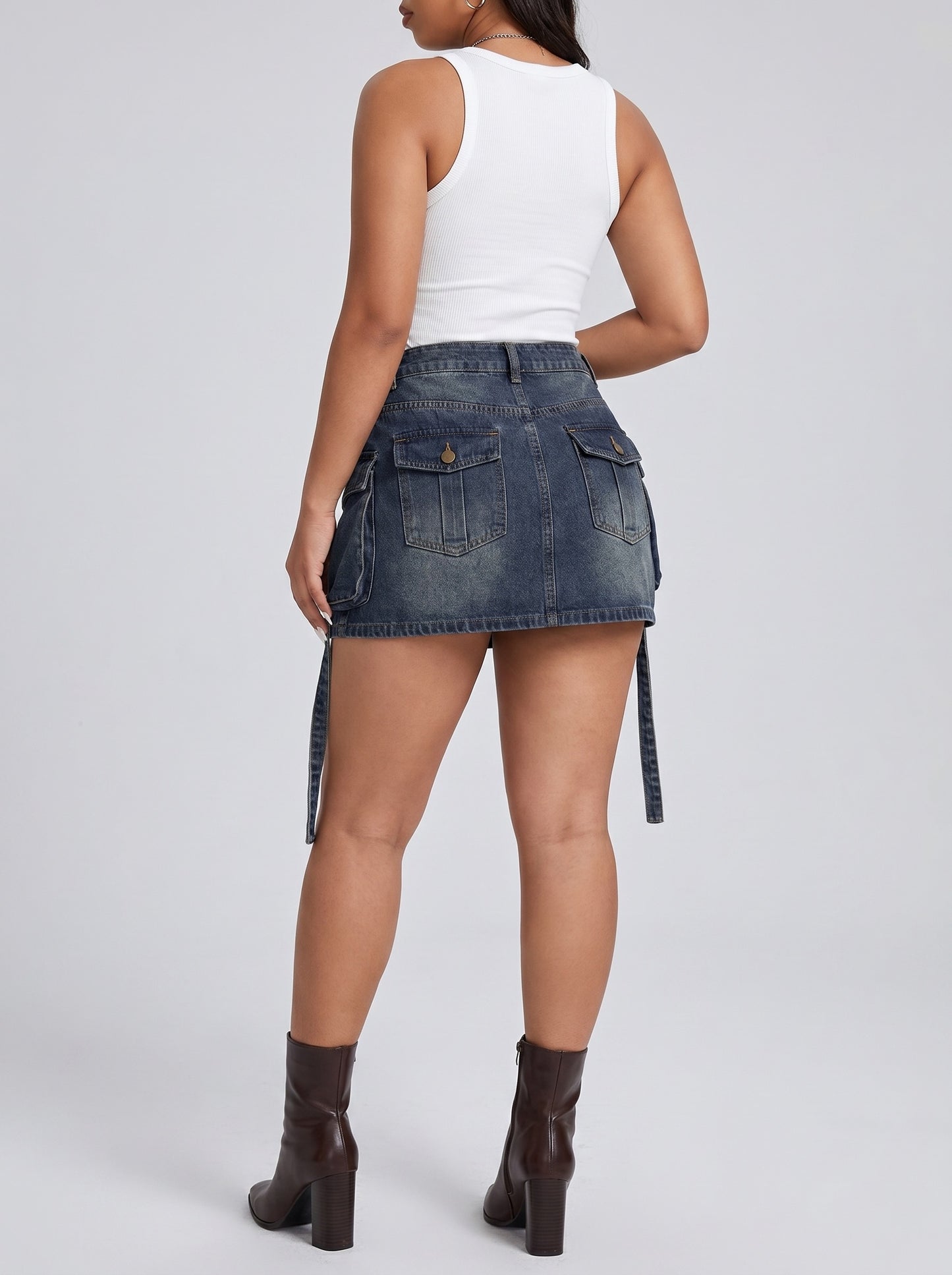 Lucia Cargo Tether Denim Mini Skirt on model