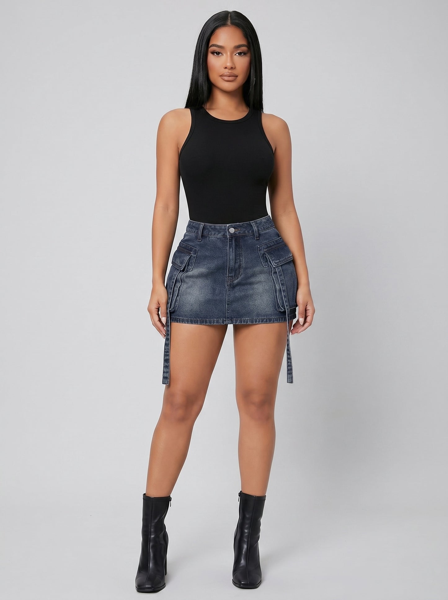 Lucia Cargo Tether Denim Mini Skirt on model