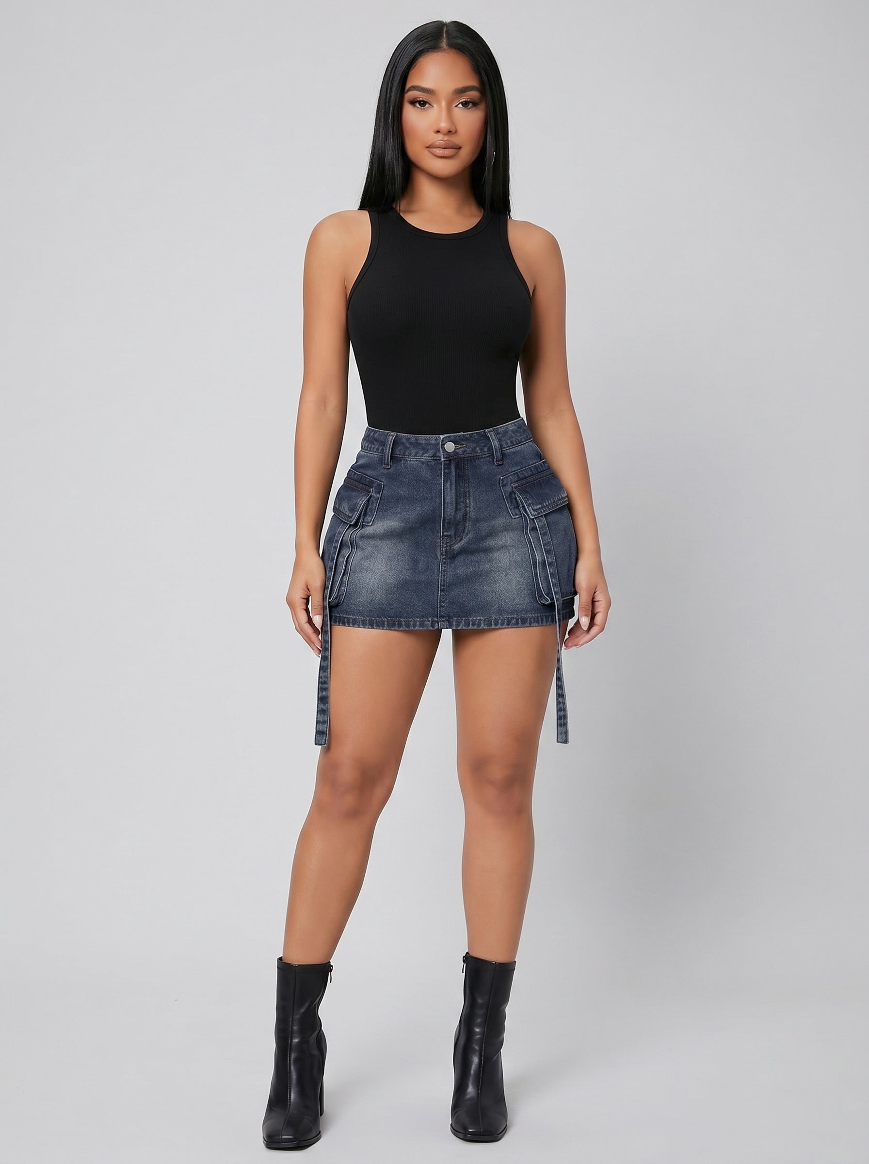 Lucia Cargo Tether Denim Mini Skirt on model