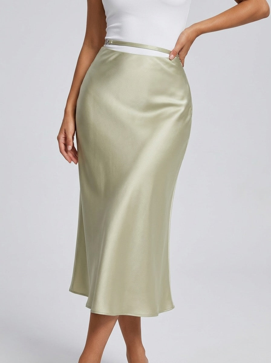 Lucietta Satin Bias-Cut Midi Skirt on model