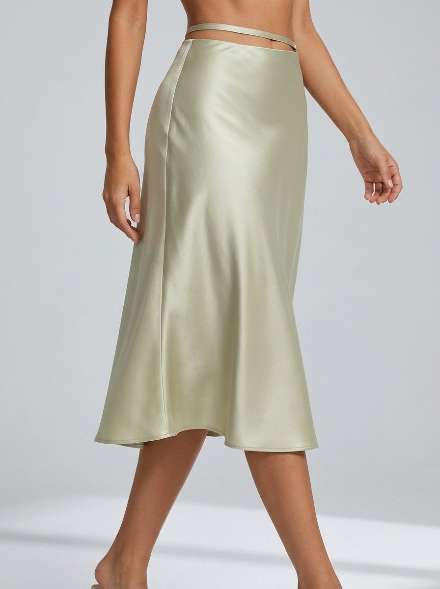 Lucietta Satin Bias-Cut Midi Skirt on model