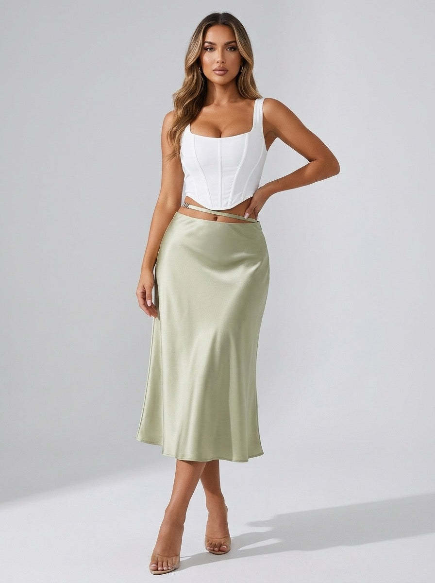 Lucietta Satin Bias-Cut Midi Skirt on model
