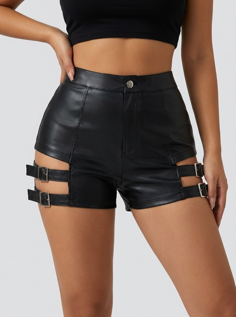 Lunetta Faux-Leather Cut-Out Shorts on model