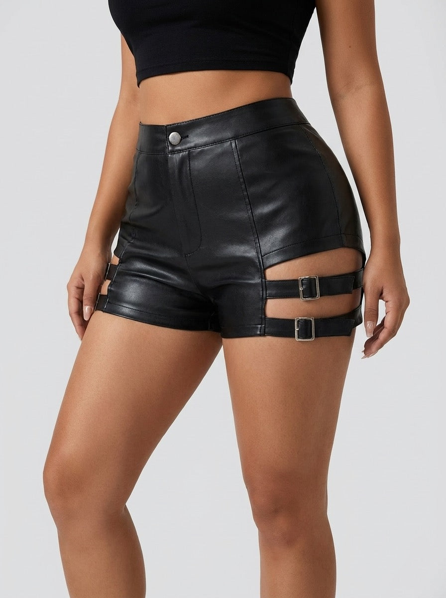 Lunetta Faux-Leather Cut-Out Shorts on model