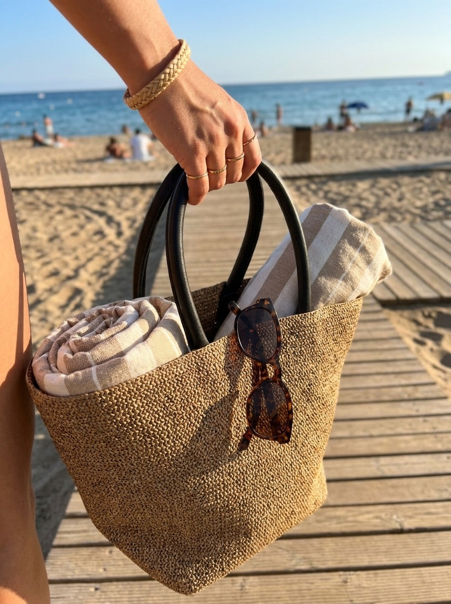Maiori Straw Woven Beach Tote on model