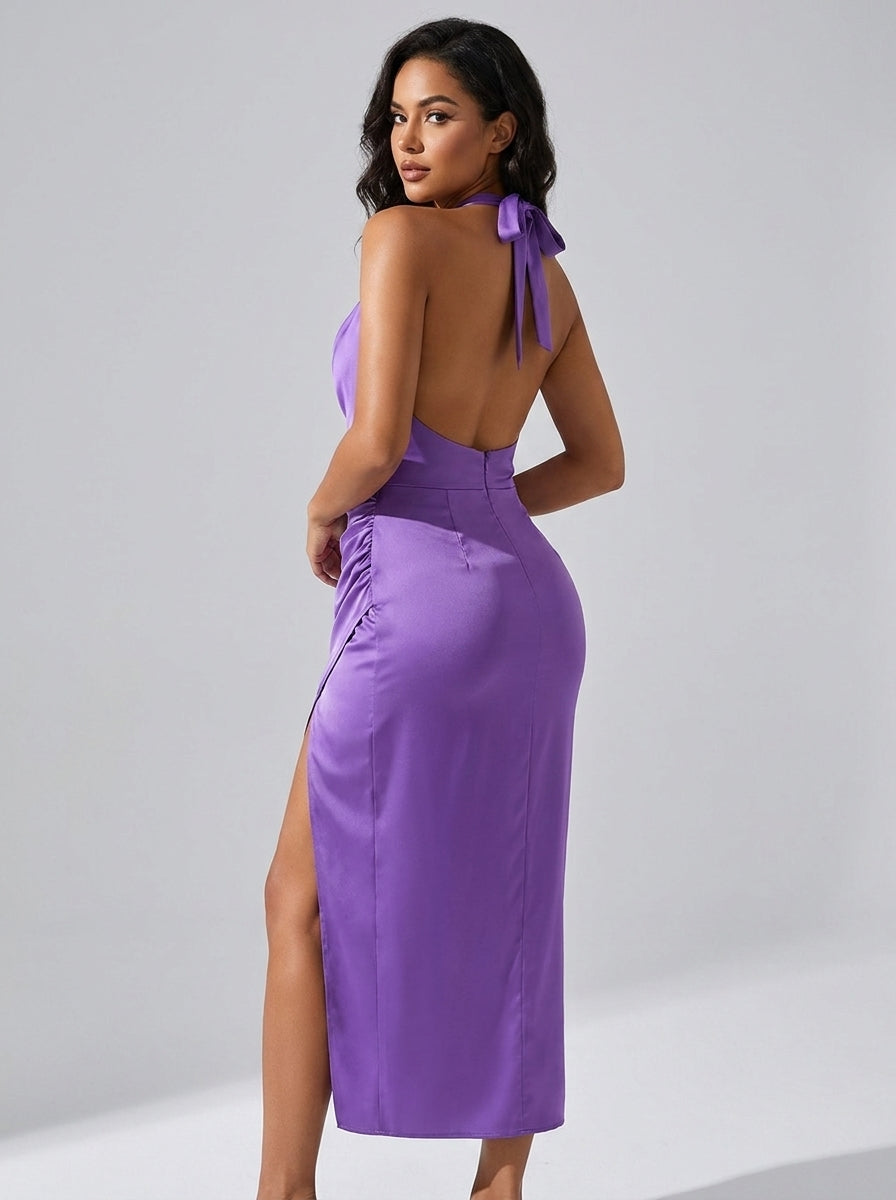 Marcella Cowl Neck Satin Halter Dress on model