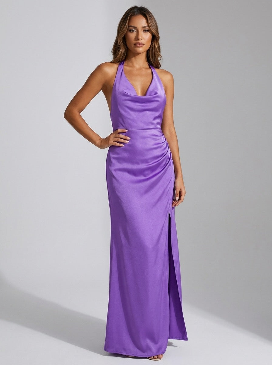 Mariella Purple Satin Cowl Halter Backless Maxi Dress on model
