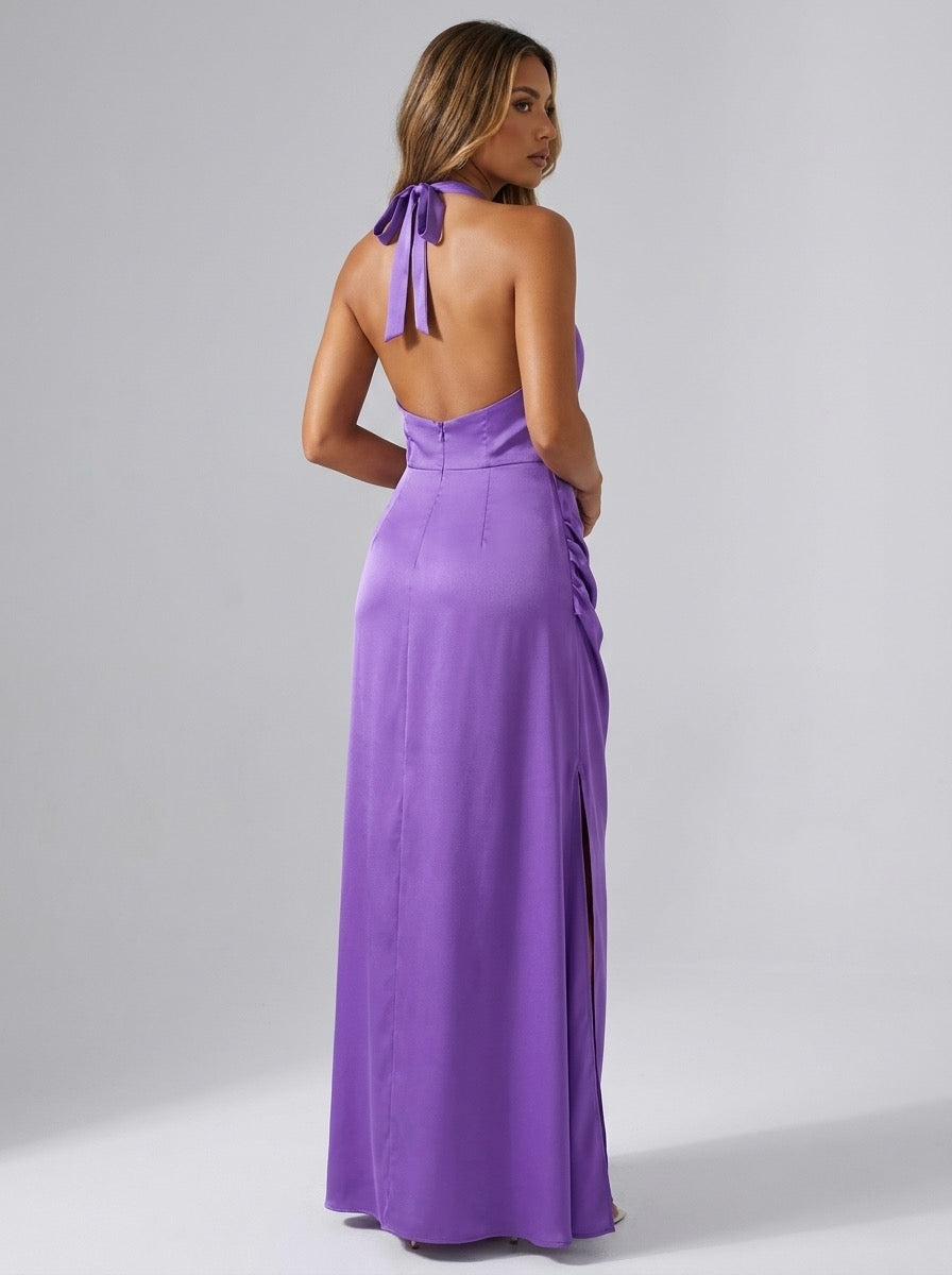 Mariella Purple Satin Cowl Halter Backless Maxi Dress on model