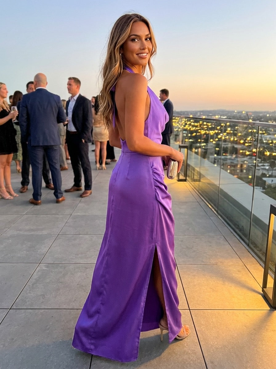 Mariella Purple Satin Cowl Halter Backless Maxi Dress on model