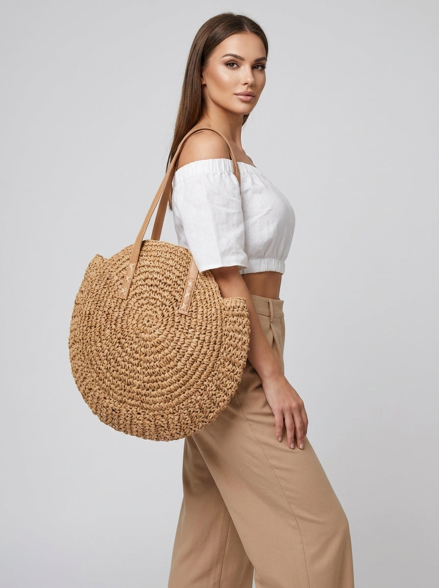 Marisol Round Straw Circle Bag on model