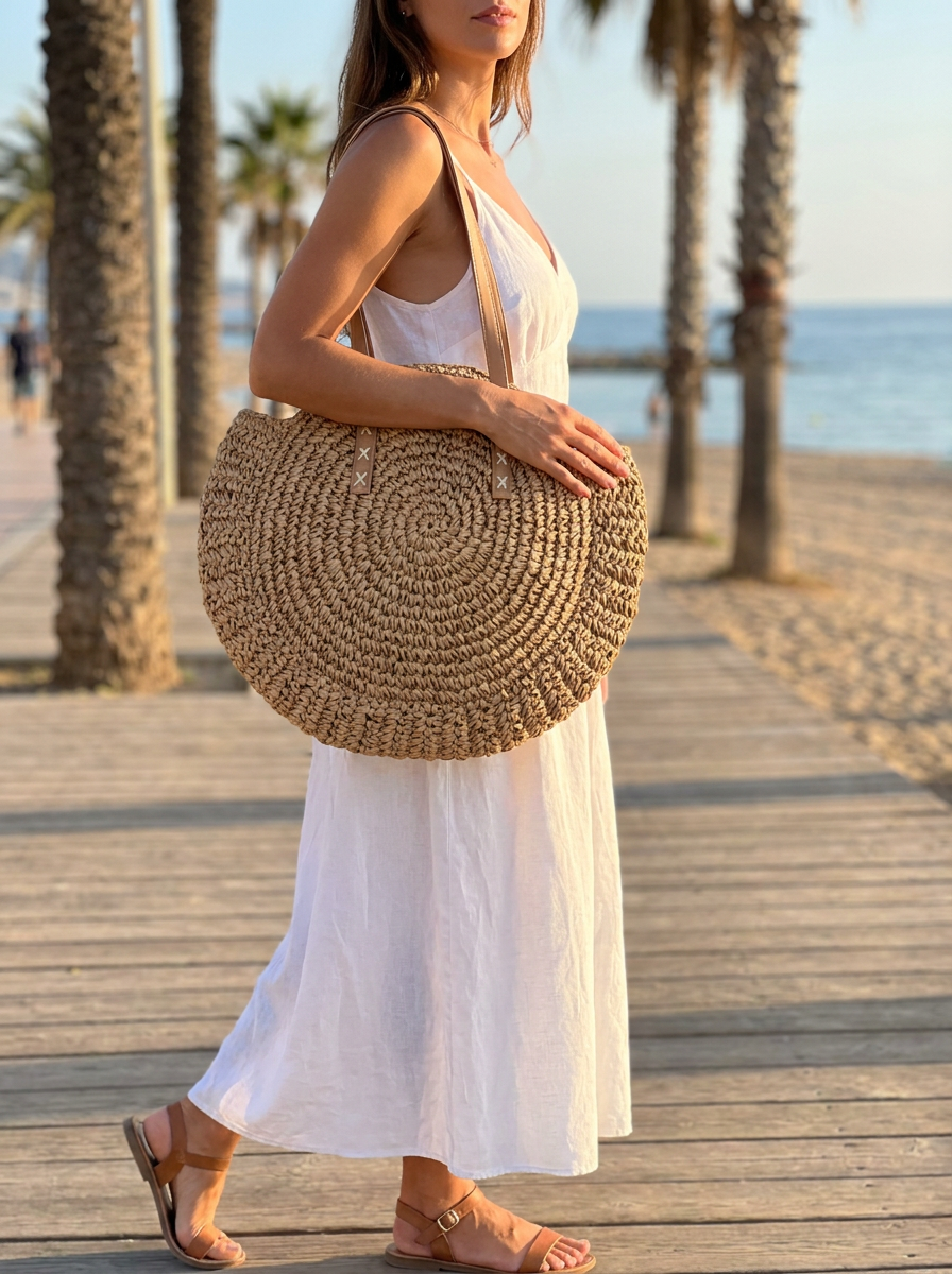 Marisol Round Straw Circle Bag on model