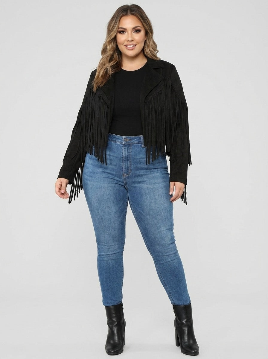 Maristella Fringe Faux Suede Moto Jacket on model