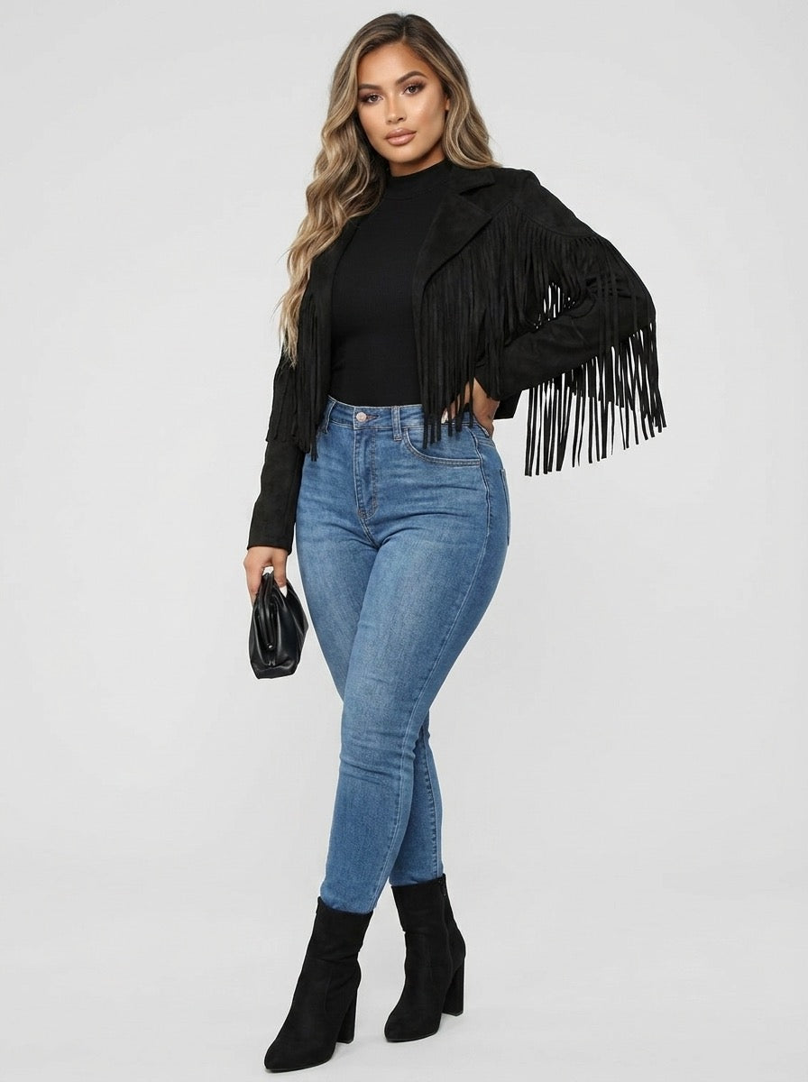 Maristella Fringe Faux Suede Moto Jacket on model