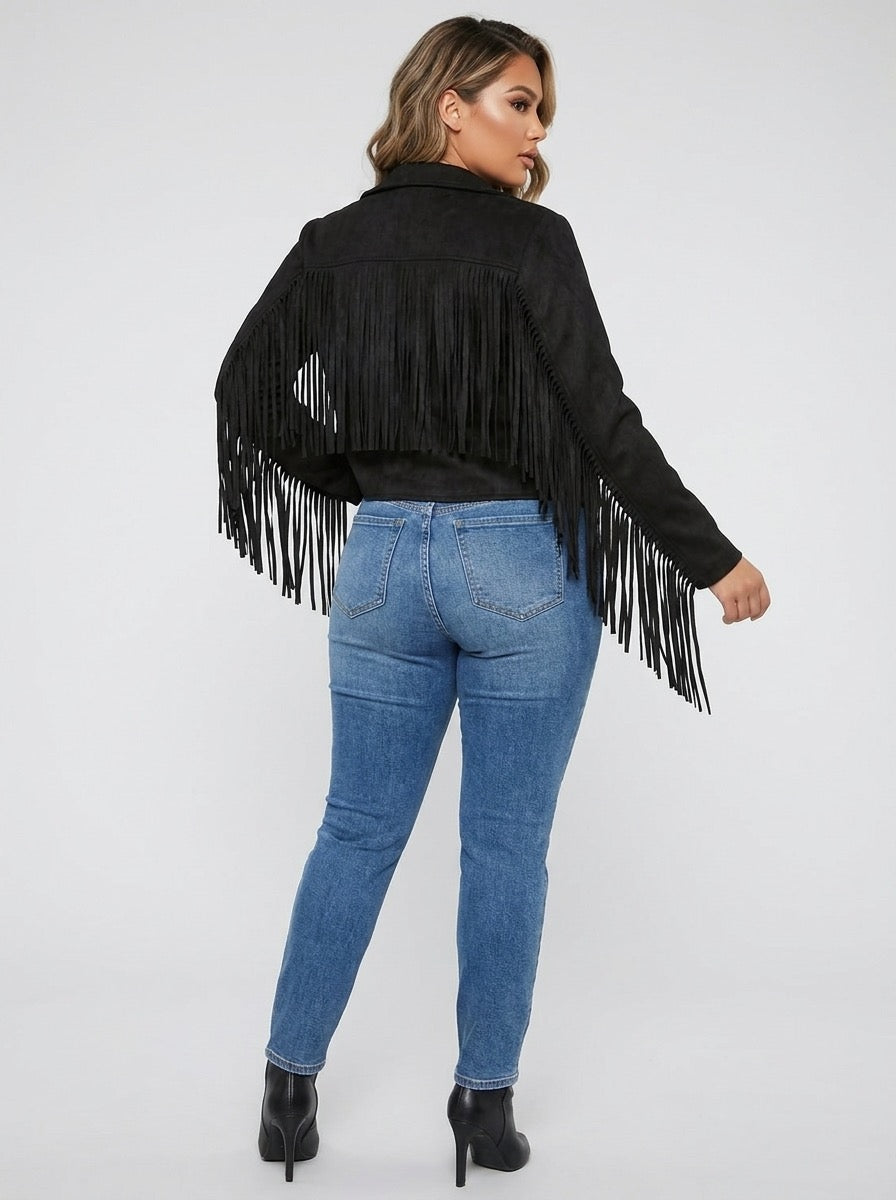 Maristella Fringe Faux Suede Moto Jacket on model
