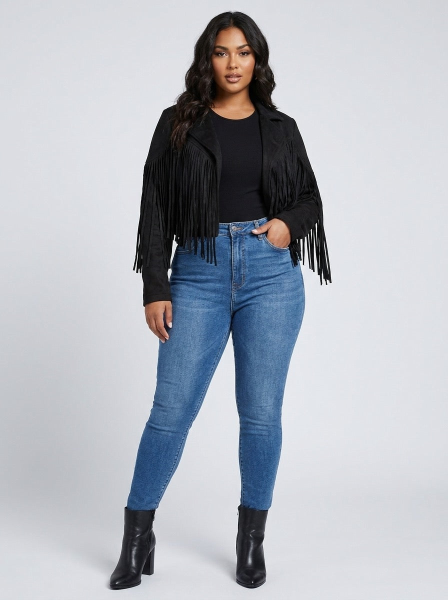 Maristella Fringe Faux Suede Moto Jacket on model