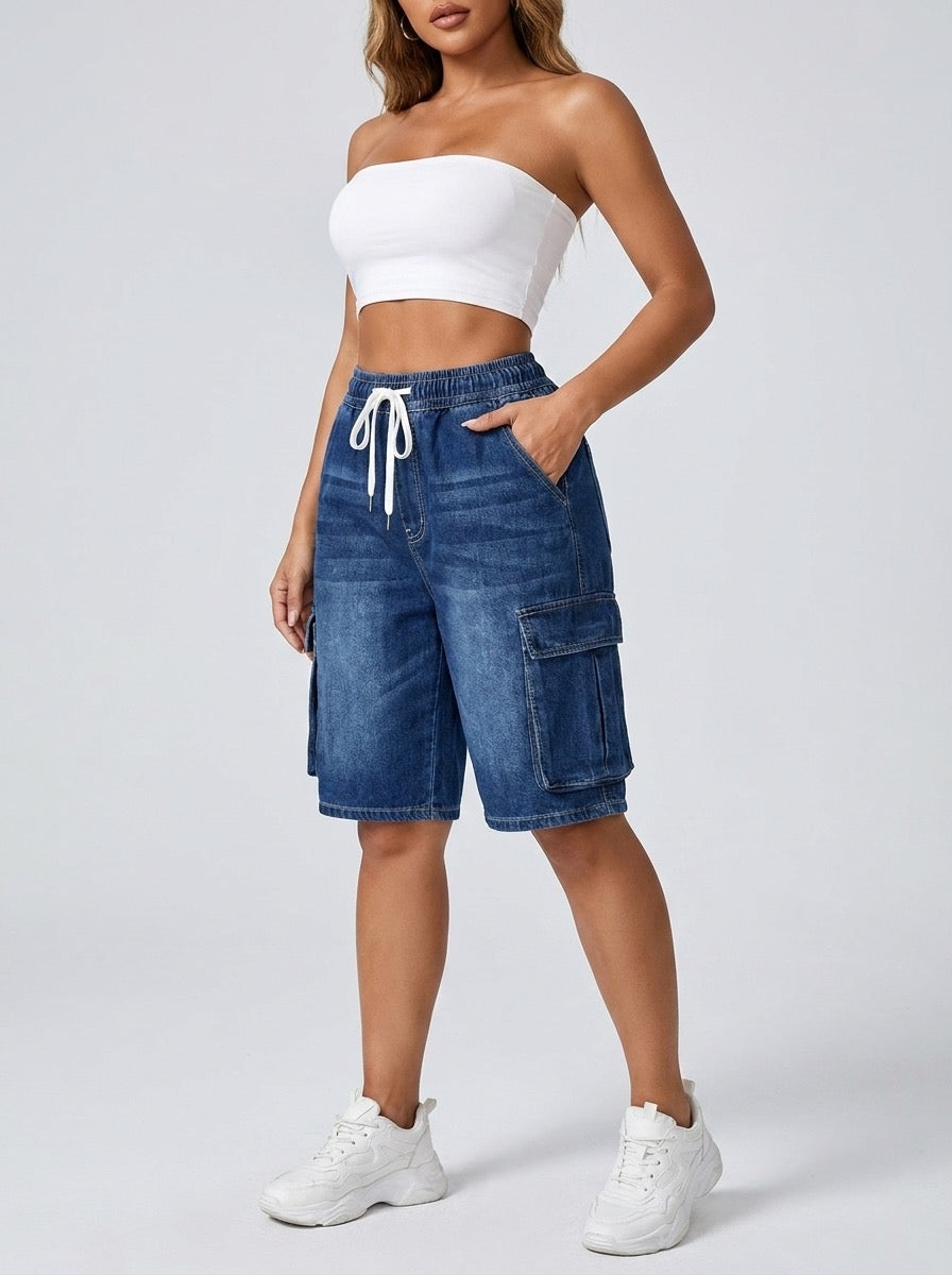 Melinda Elastic-Cord Cargo Denim Shorts on model