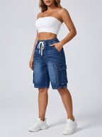 Melinda Elastic-Cord Cargo Denim Shorts on model