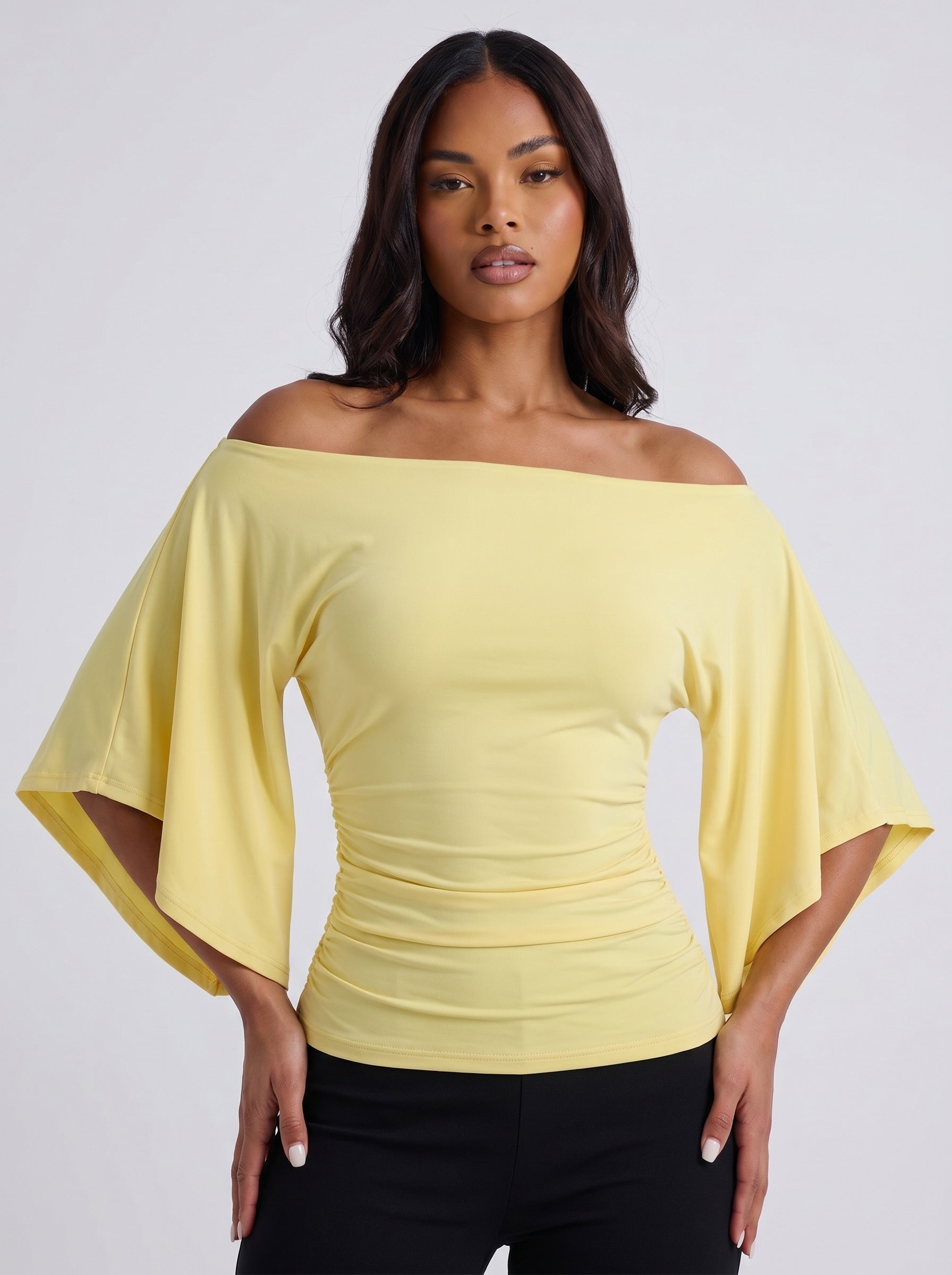 Mila Off-Shoulder Flutter Top on model
