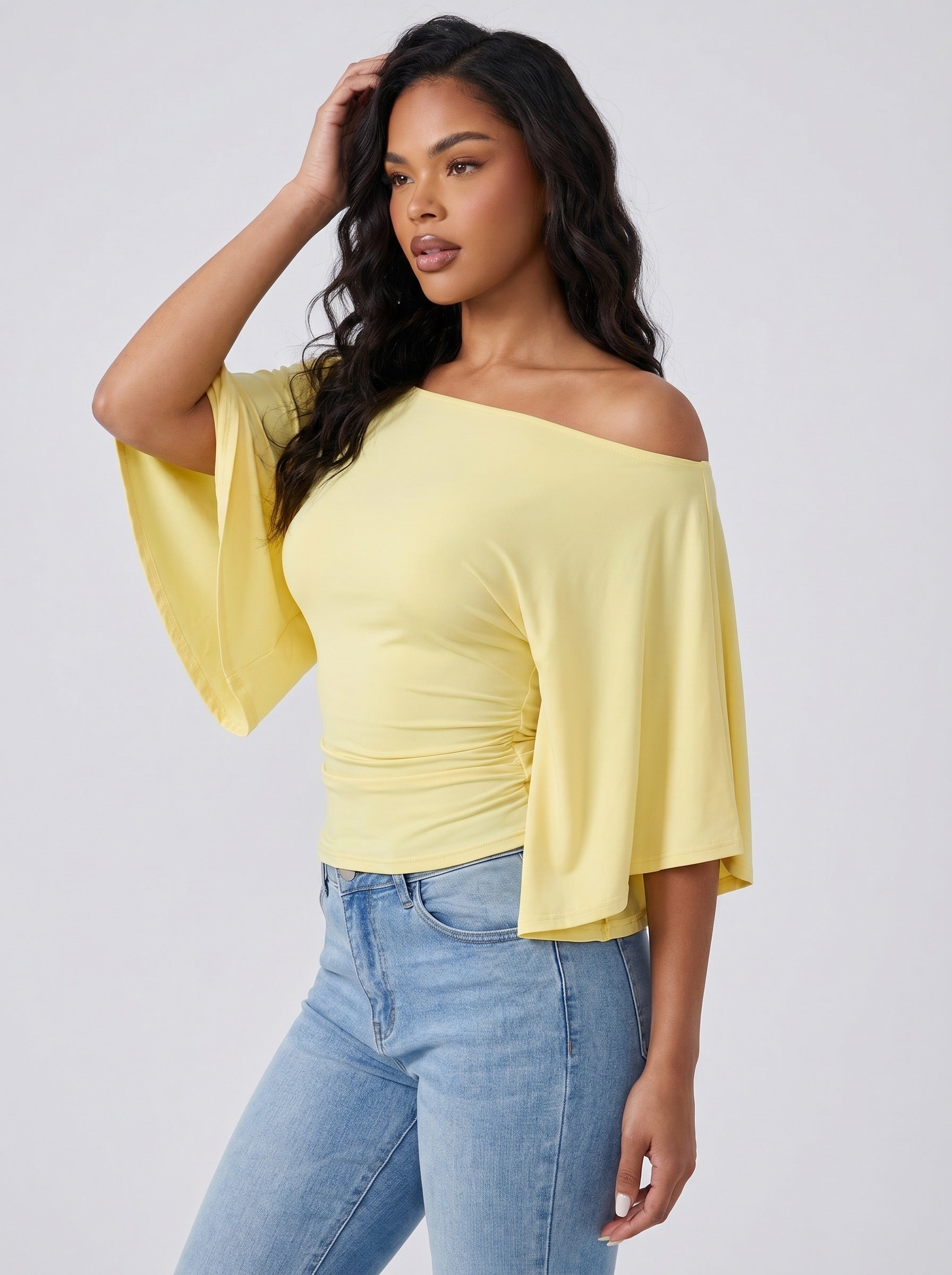 Mila Off-Shoulder Flutter Top on model