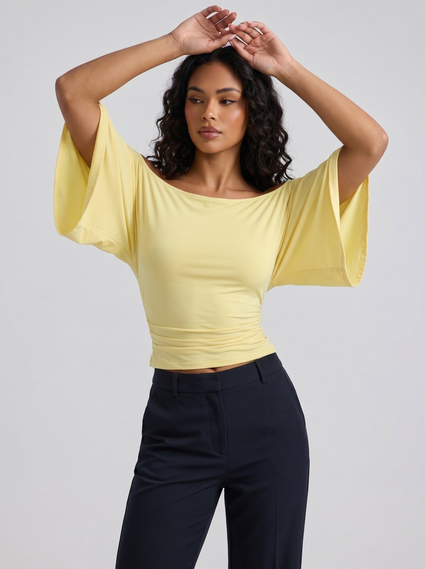 Mila Off-Shoulder Flutter Top on model