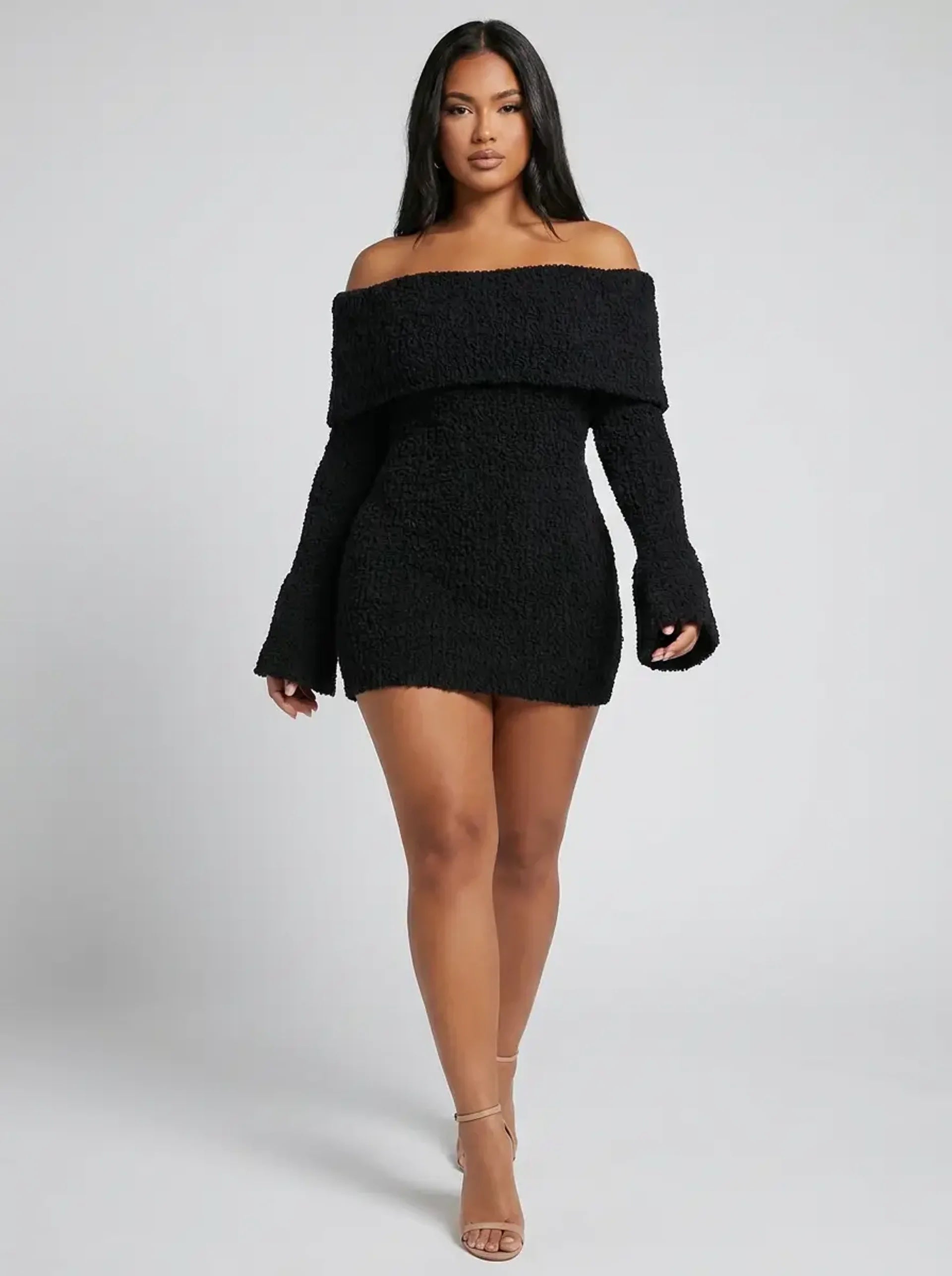 Mila Off-Shoulder Knit Mini Dress on model