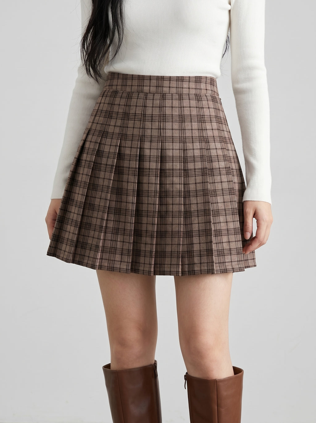 Mirabella Pleated Plaid Skirt on model