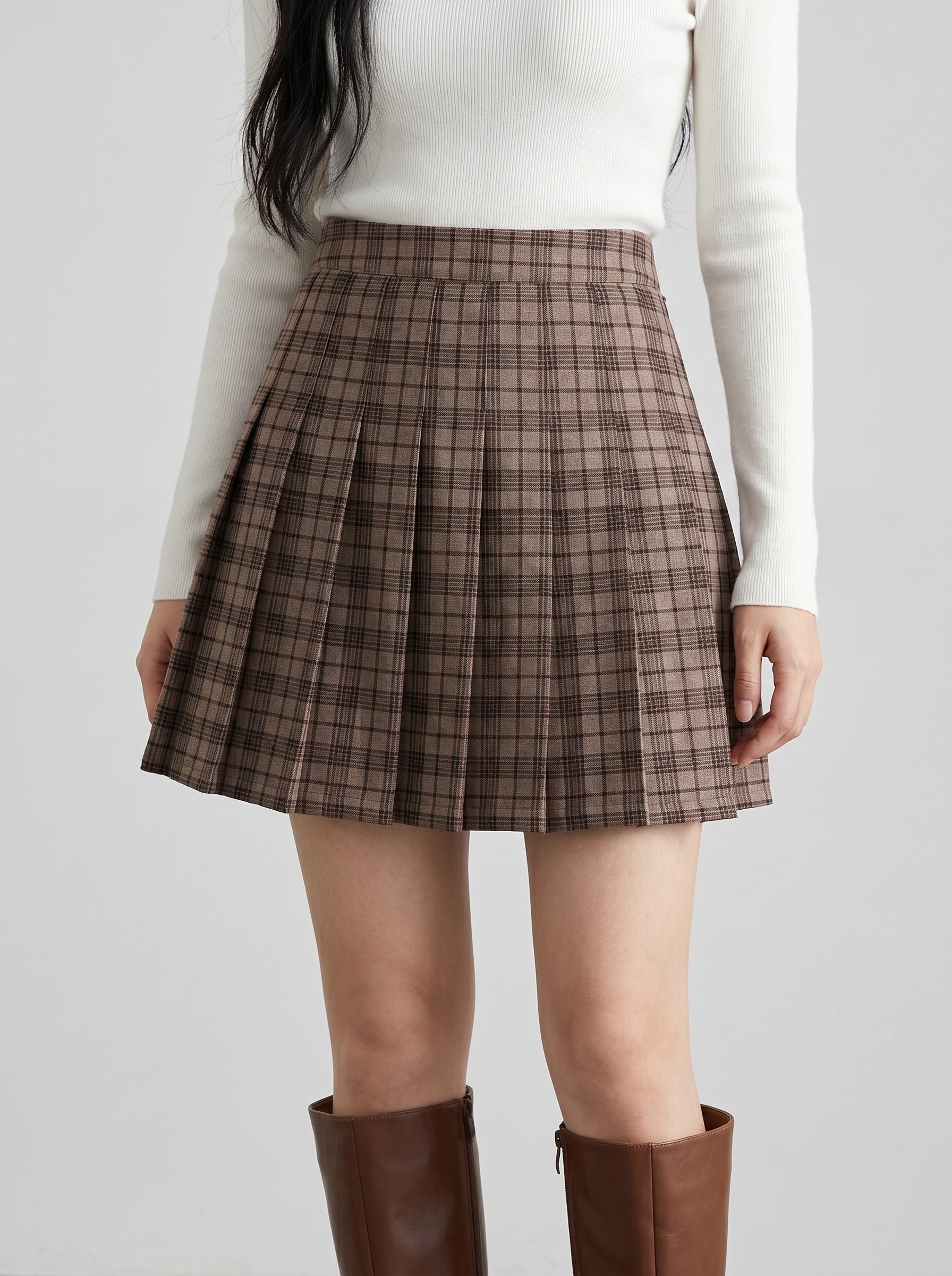 Mirabella Pleated Plaid Skirt on model