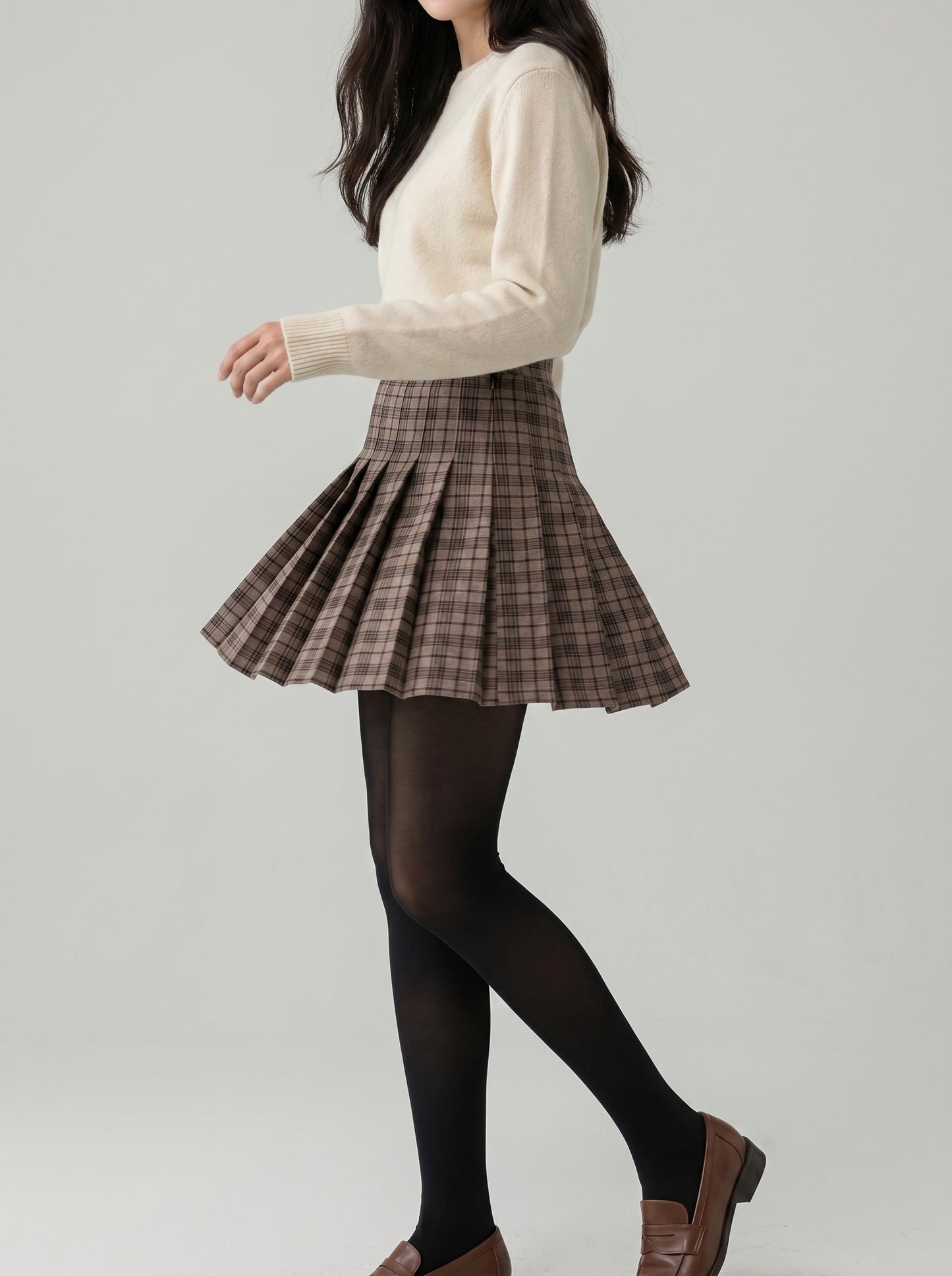 Mirabella Pleated Plaid Skirt on model