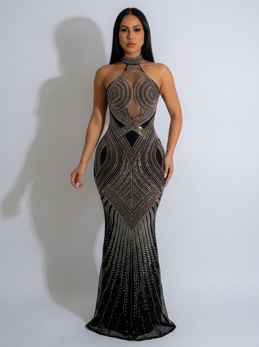 Mirta Rhinestone Mesh Halter Backless Maxi Dress on model