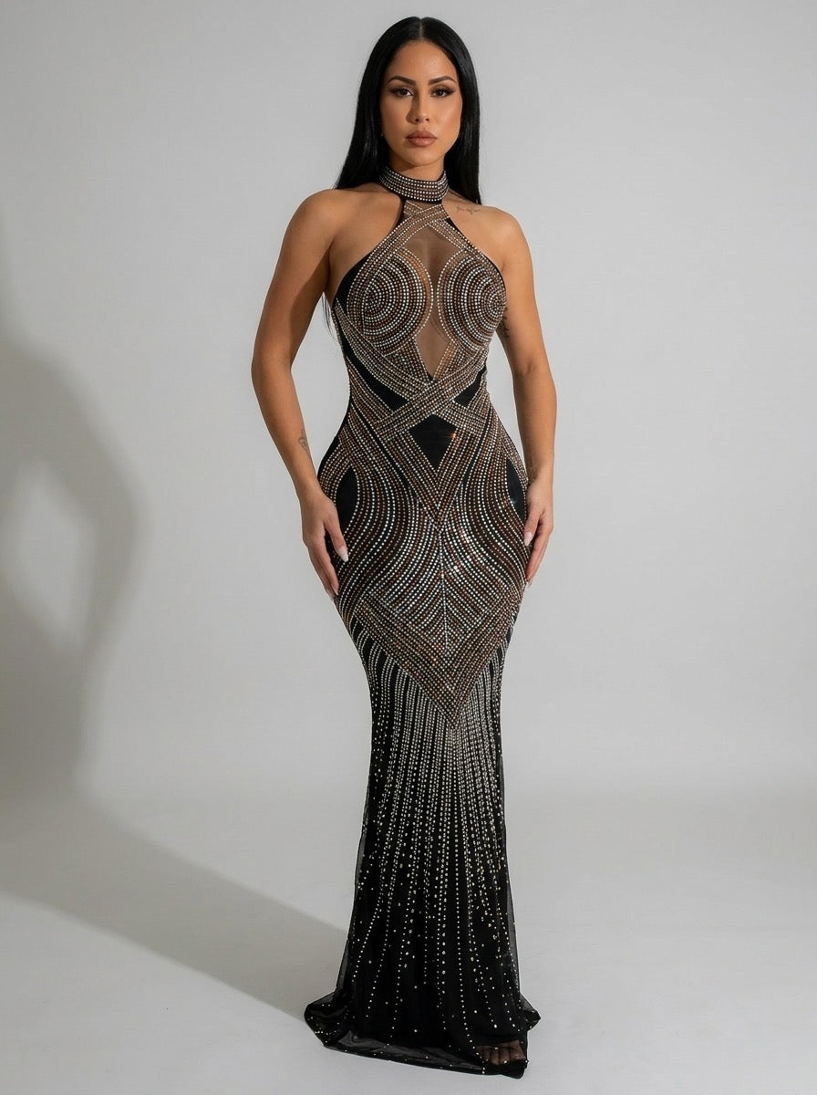 Mirta Rhinestone Mesh Halter Backless Maxi Dress on model