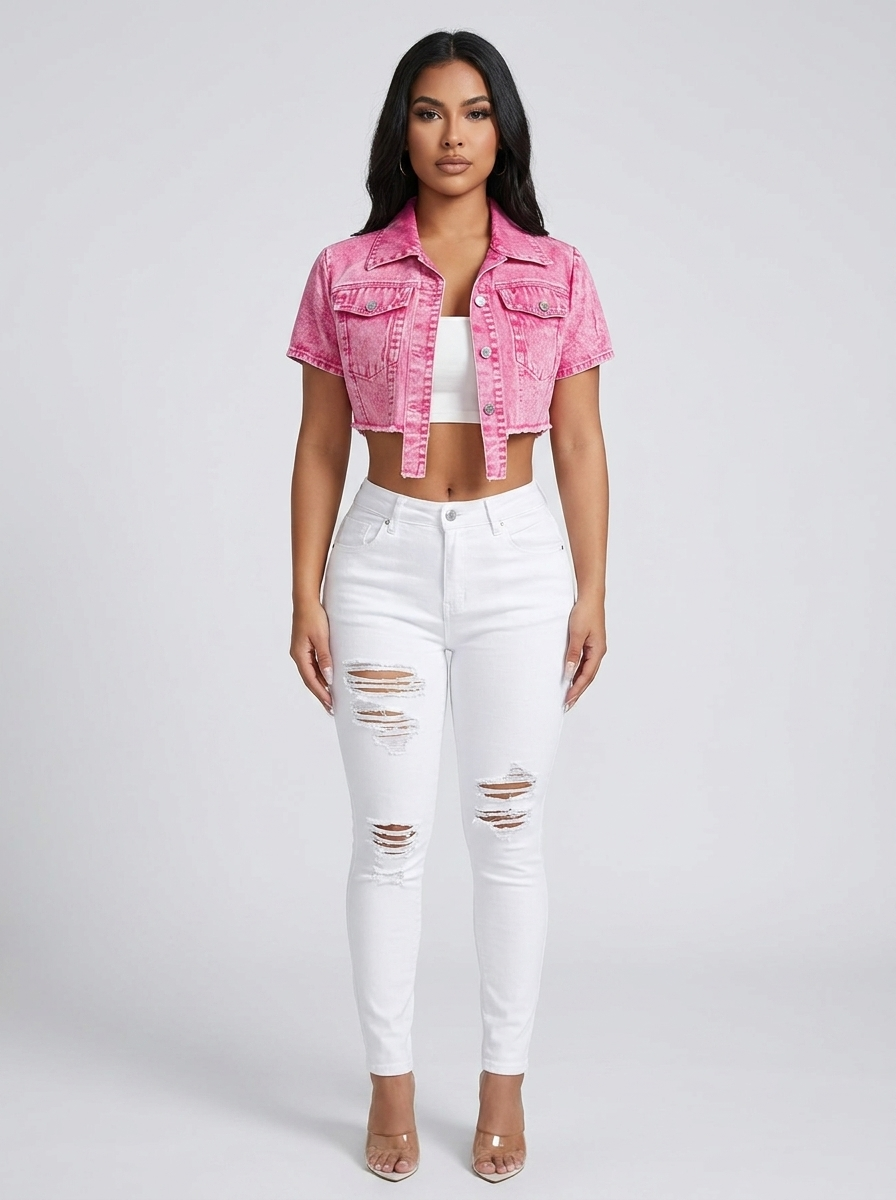 Morena Cropped Denim Jacket on model