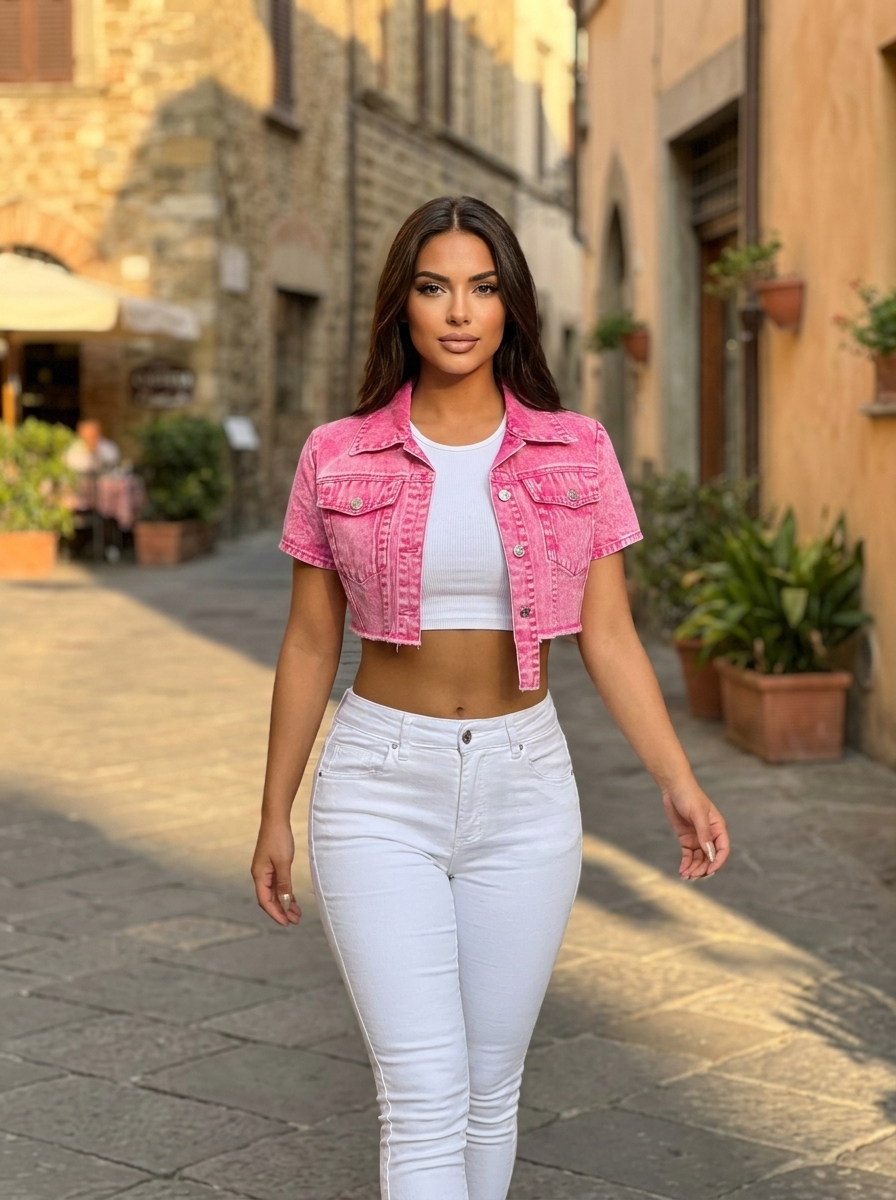 Morena Cropped Denim Jacket on model