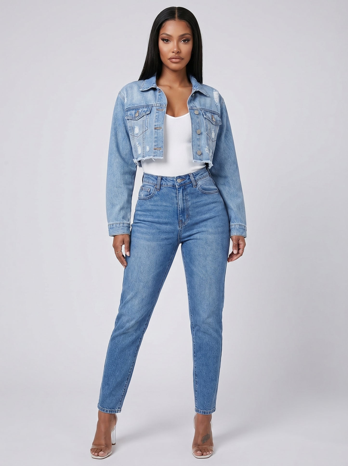 Nadia Cropped Denim Jacket on model